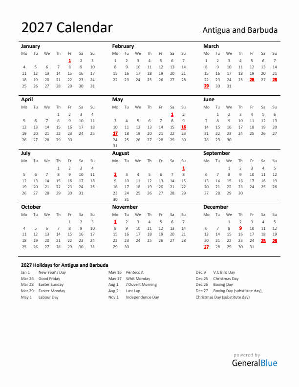 Standard Holiday Calendar for 2027 with Antigua and Barbuda Holidays