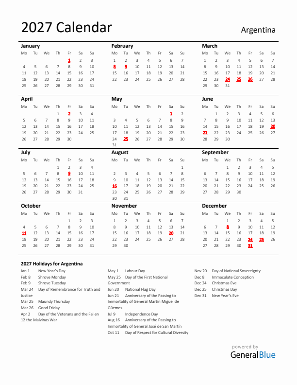 Standard Holiday Calendar for 2027 with Argentina Holidays 