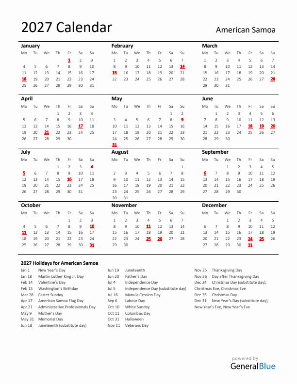 Standard Holiday Calendar for 2027 with American Samoa Holidays 