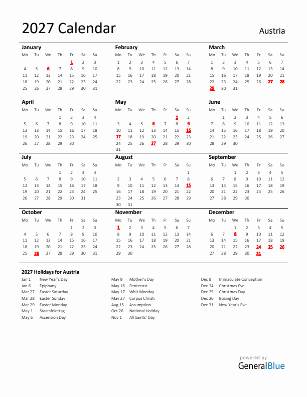 Standard Holiday Calendar for 2027 with Austria Holidays