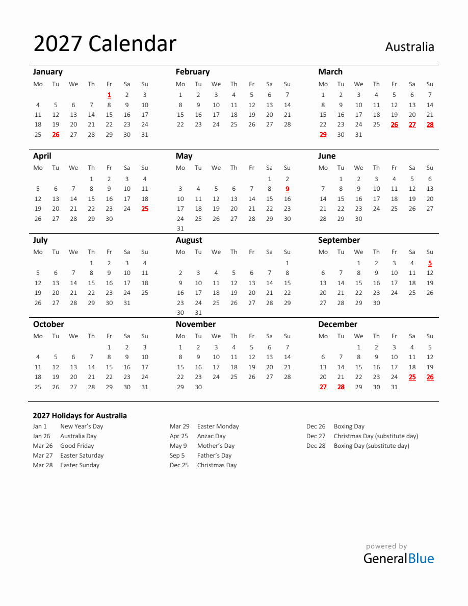 Standard Holiday Calendar for 2027 with Australia Holidays - Monday Start