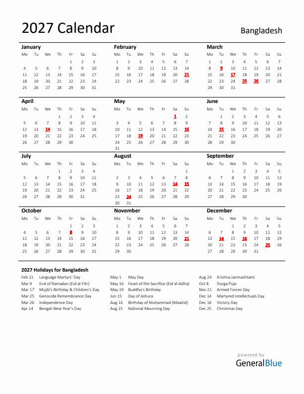 Standard Holiday Calendar for 2027 with Bangladesh Holidays