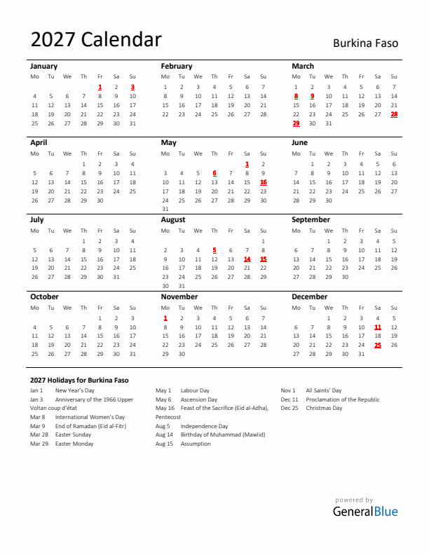 Standard Holiday Calendar for 2027 with Burkina Faso Holidays
