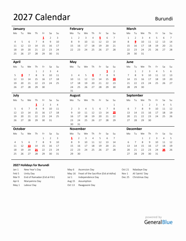 Standard Holiday Calendar for 2027 with Burundi Holidays