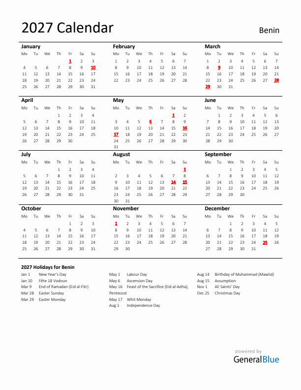 Standard Holiday Calendar for 2027 with Benin Holidays