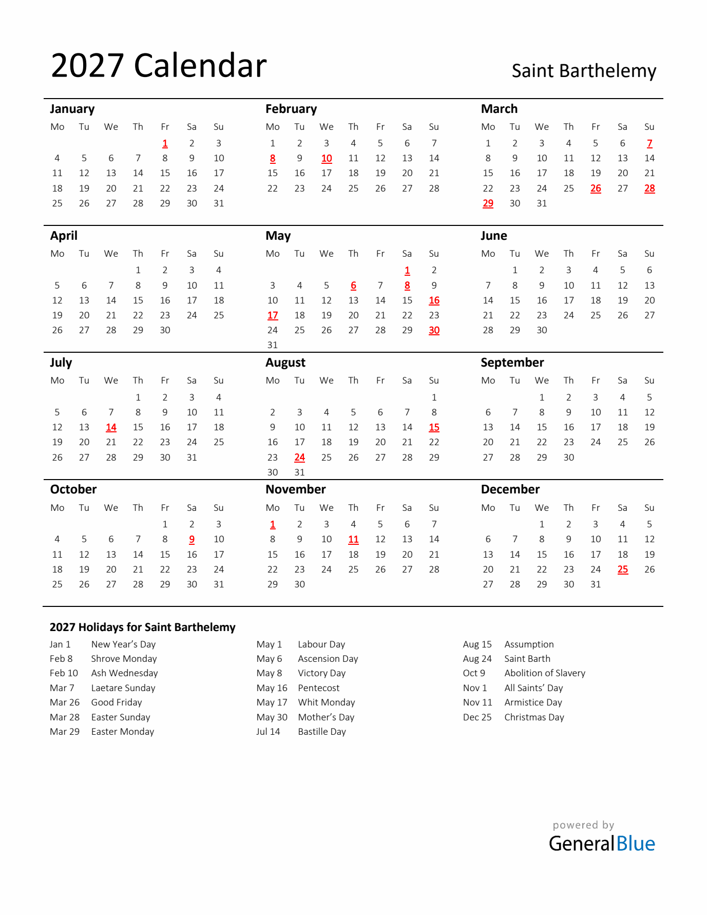 Standard Holiday Calendar for 2027 with Saint Barthelemy Holidays