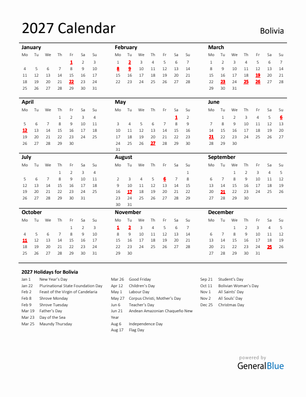 Standard Holiday Calendar for 2027 with Bolivia Holidays