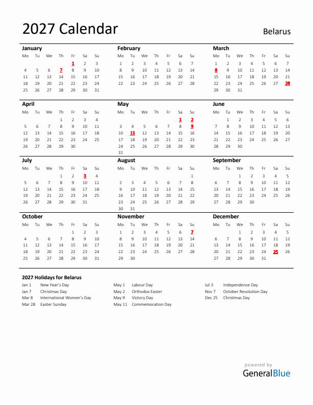 Standard Holiday Calendar for 2027 with Belarus Holidays