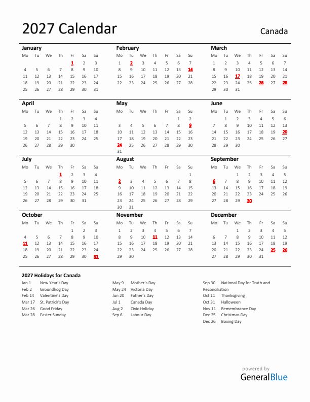Standard Holiday Calendar for 2027 with Canada Holidays