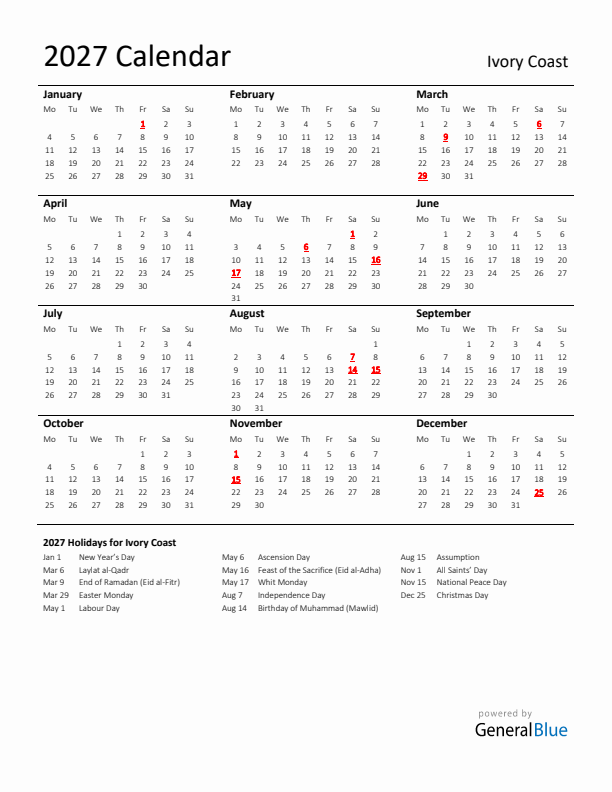 Standard Holiday Calendar for 2027 with Ivory Coast Holidays 