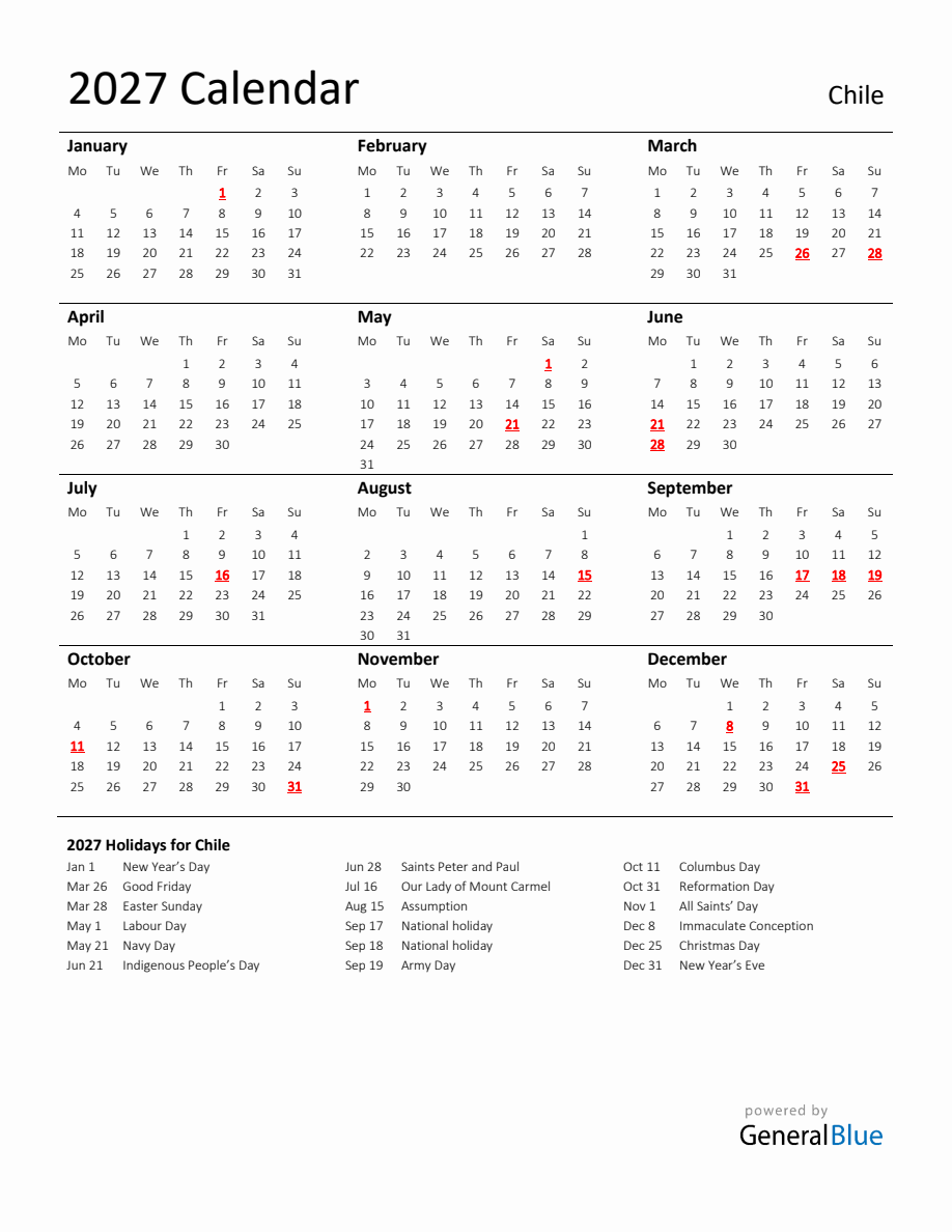 Standard Holiday Calendar for 2027 with Chile Holidays