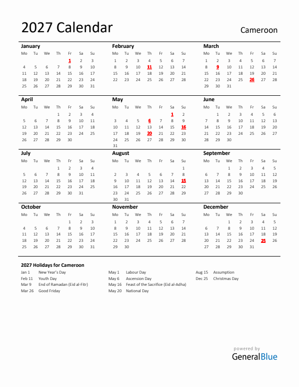 Standard Holiday Calendar for 2027 with Cameroon Holidays