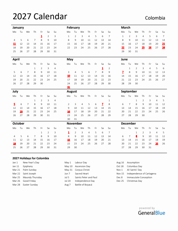 Standard Holiday Calendar for 2027 with Colombia Holidays