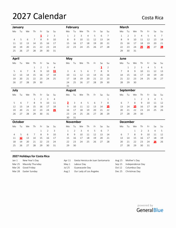 Standard Holiday Calendar for 2027 with Costa Rica Holidays