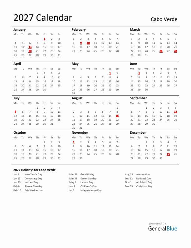 Standard Holiday Calendar for 2027 with Cabo Verde Holidays