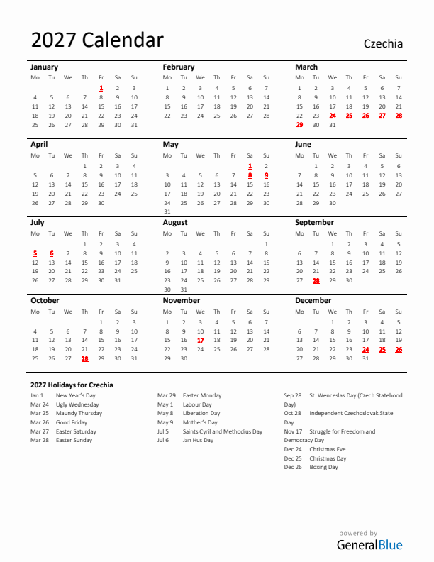 Standard Holiday Calendar for 2027 with Czechia Holidays 
