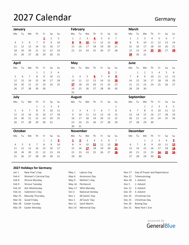 Standard Holiday Calendar for 2027 with Germany Holidays