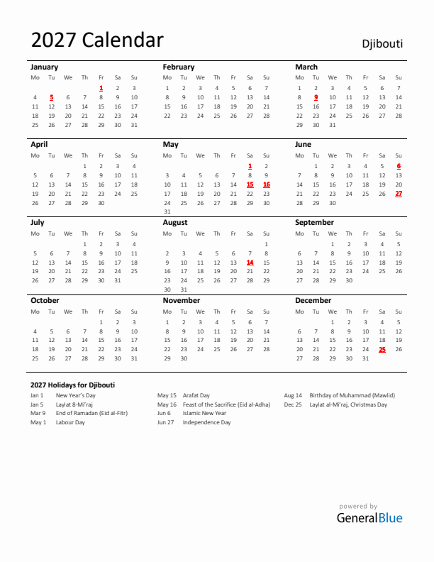 Standard Holiday Calendar for 2027 with Djibouti Holidays 