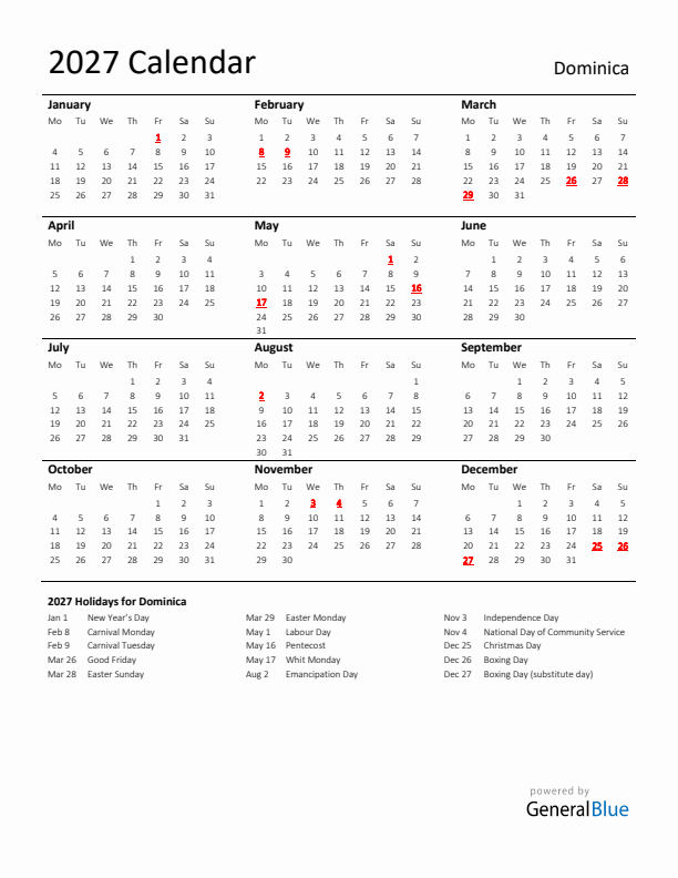 Standard Holiday Calendar for 2027 with Dominica Holidays