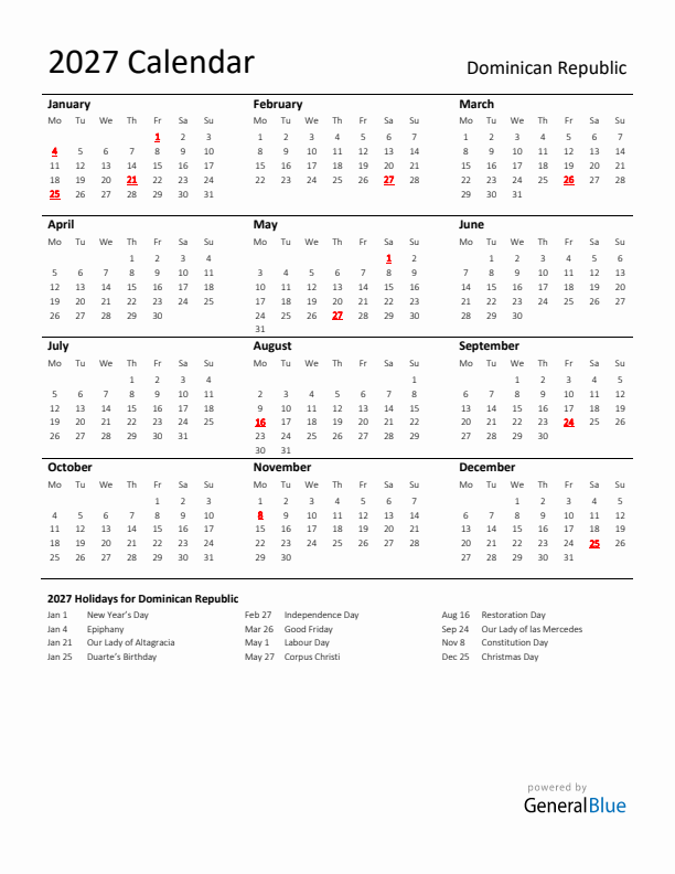 Standard Holiday Calendar for 2027 with Dominican Republic Holidays