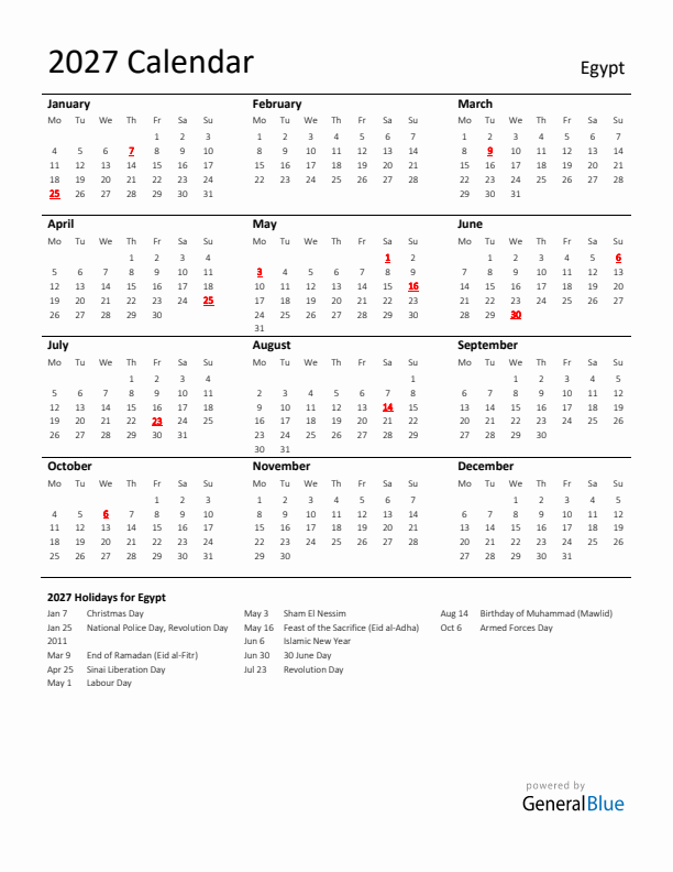 Standard Holiday Calendar for 2027 with Egypt Holidays 