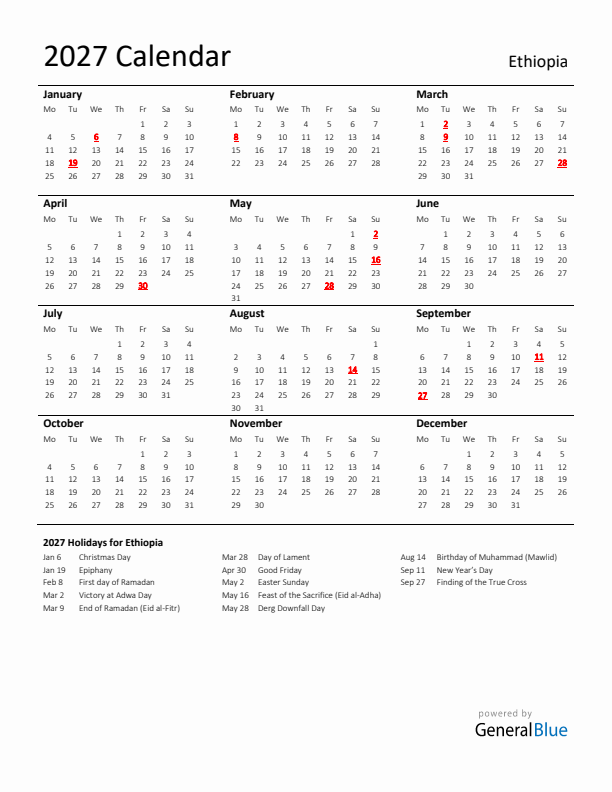 Standard Holiday Calendar for 2027 with Ethiopia Holidays