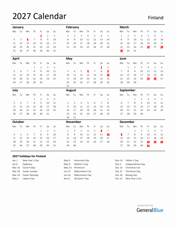 Standard Holiday Calendar for 2027 with Finland Holidays