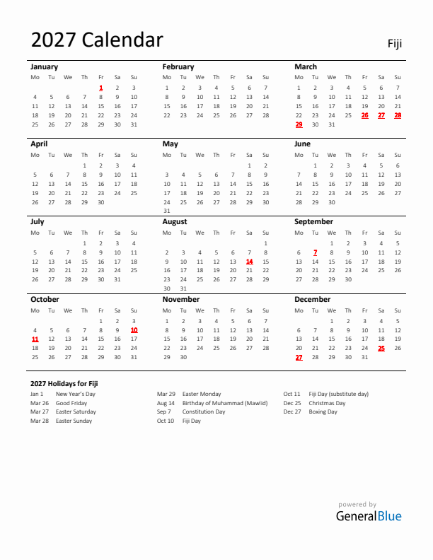 Standard Holiday Calendar for 2027 with Fiji Holidays 