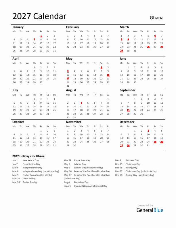 Standard Holiday Calendar for 2027 with Ghana Holidays 