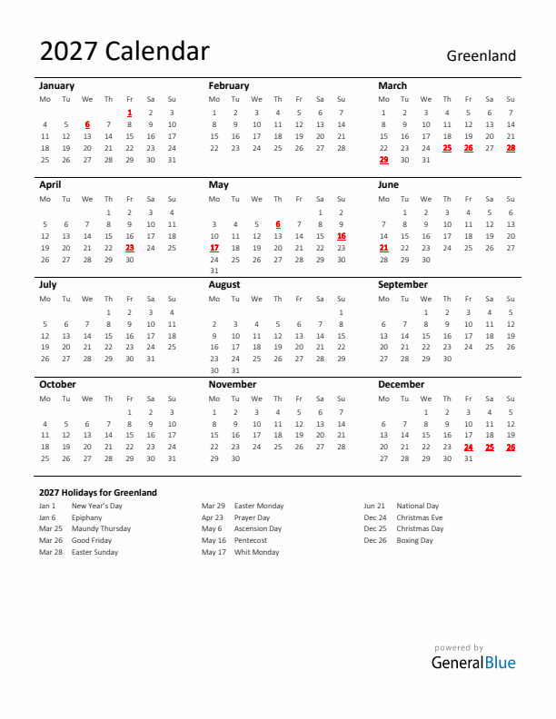 Standard Holiday Calendar for 2027 with Greenland Holidays