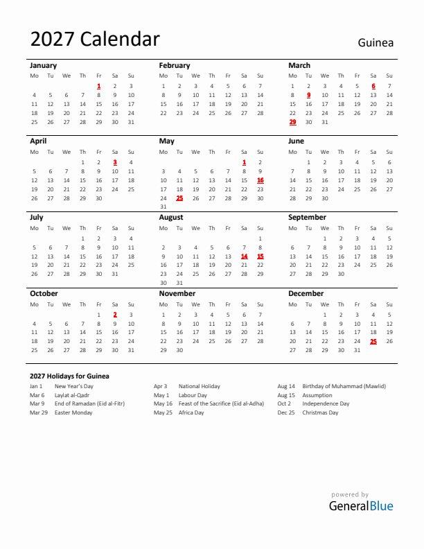 Standard Holiday Calendar for 2027 with Guinea Holidays