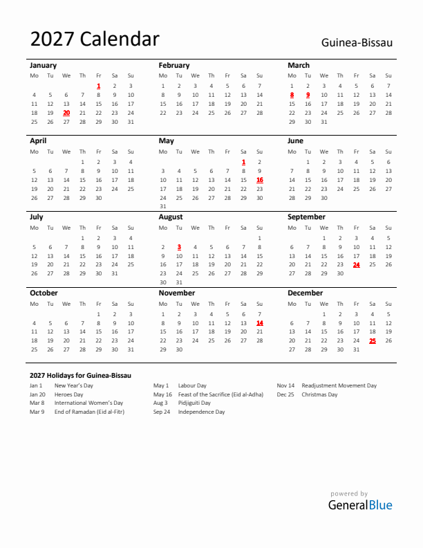 Standard Holiday Calendar for 2027 with Guinea-Bissau Holidays 