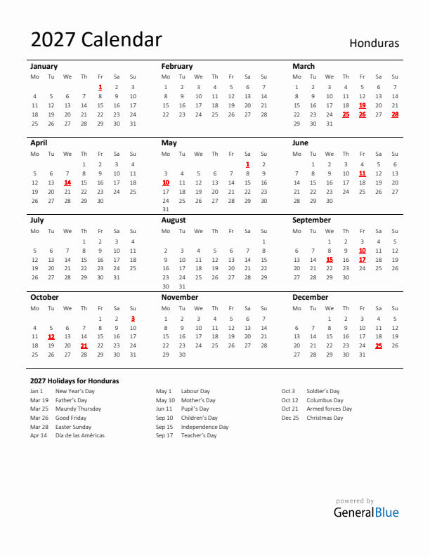 Standard Holiday Calendar for 2027 with Honduras Holidays