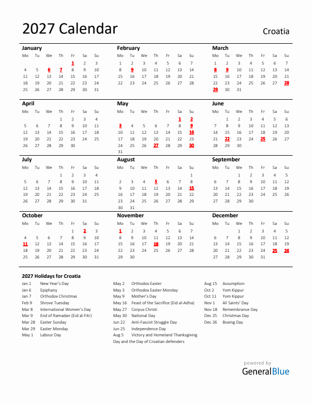 Standard Holiday Calendar for 2027 with Croatia Holidays