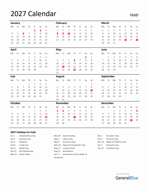 Standard Holiday Calendar for 2027 with Haiti Holidays