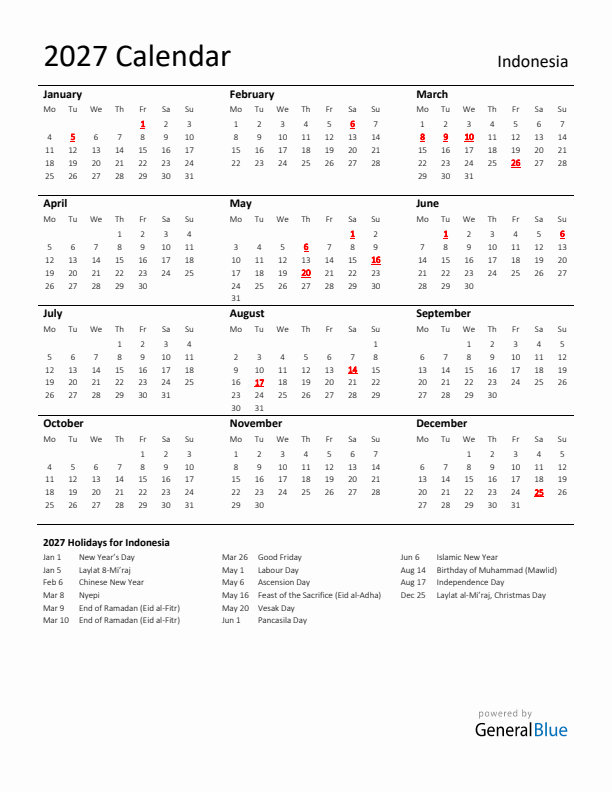 Standard Holiday Calendar for 2027 with Indonesia Holidays 