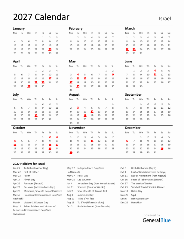 Standard Holiday Calendar for 2027 with Israel Holidays 
