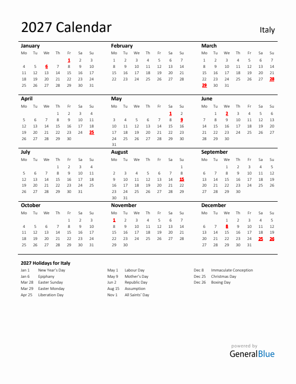 Standard Holiday Calendar for 2027 with Italy Holidays