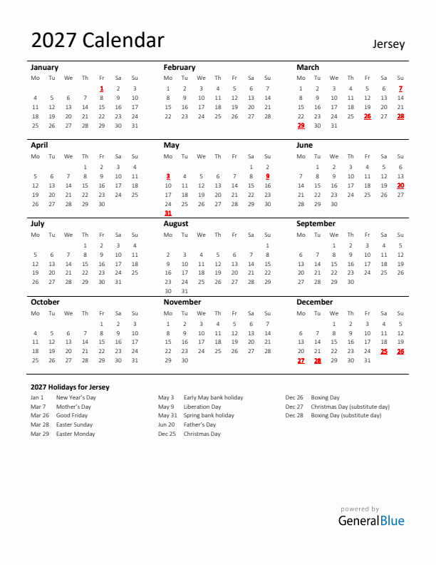 Standard Holiday Calendar for 2027 with Jersey Holidays