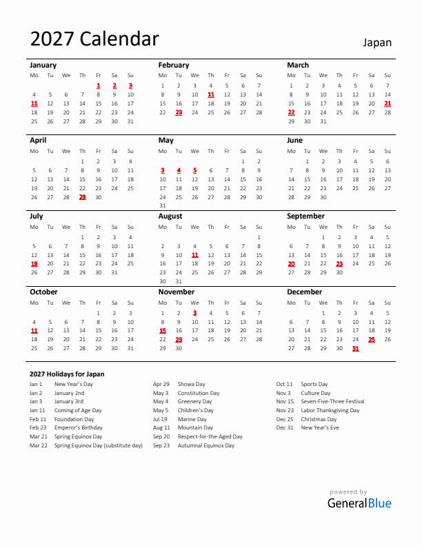 Standard Holiday Calendar for 2027 with Japan Holidays