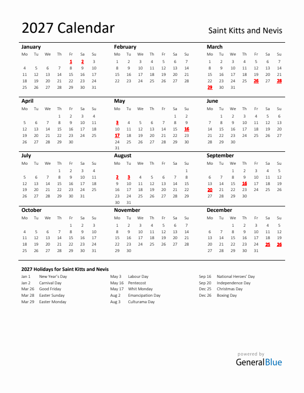 Standard Holiday Calendar for 2027 with Saint Kitts and Nevis Holidays 