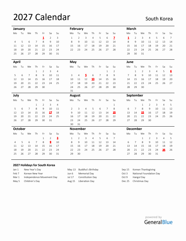 Standard Holiday Calendar for 2027 with South Korea Holidays