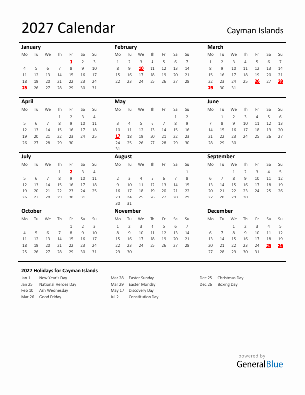 Standard Holiday Calendar for 2027 with Cayman Islands Holidays 