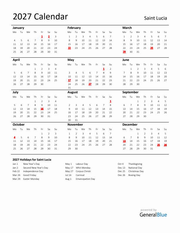 Standard Holiday Calendar for 2027 with Saint Lucia Holidays 