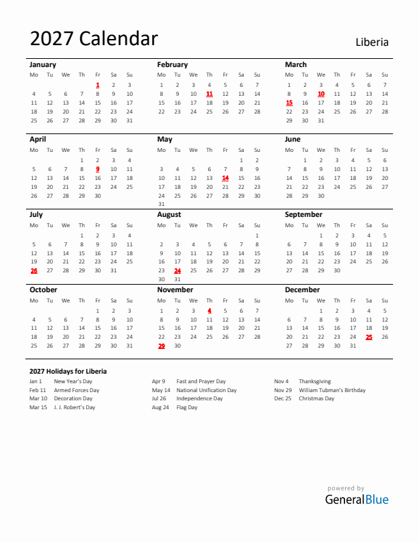 Standard Holiday Calendar for 2027 with Liberia Holidays 