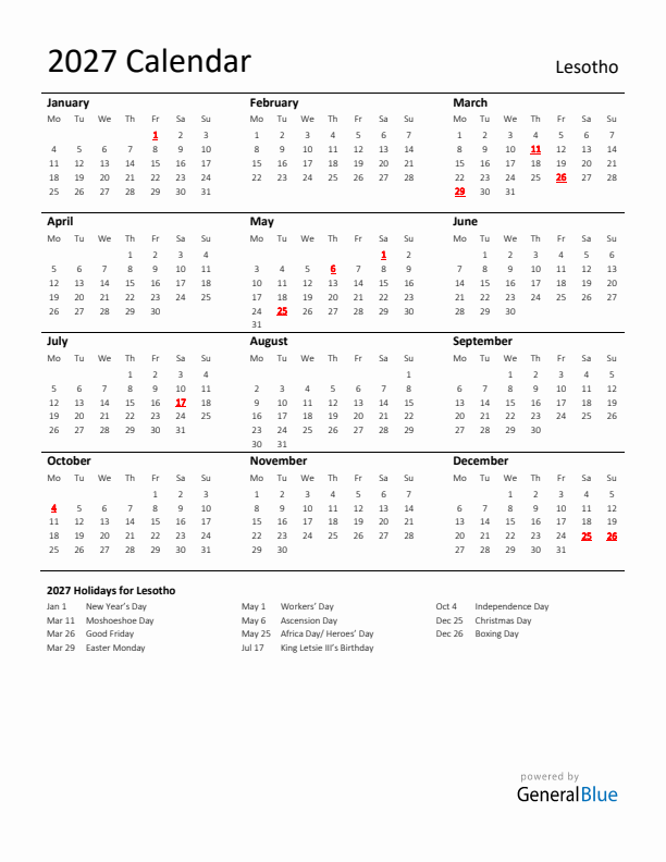 Standard Holiday Calendar for 2027 with Lesotho Holidays