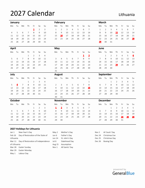 Standard Holiday Calendar for 2027 with Lithuania Holidays 