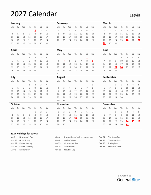Standard Holiday Calendar for 2027 with Latvia Holidays