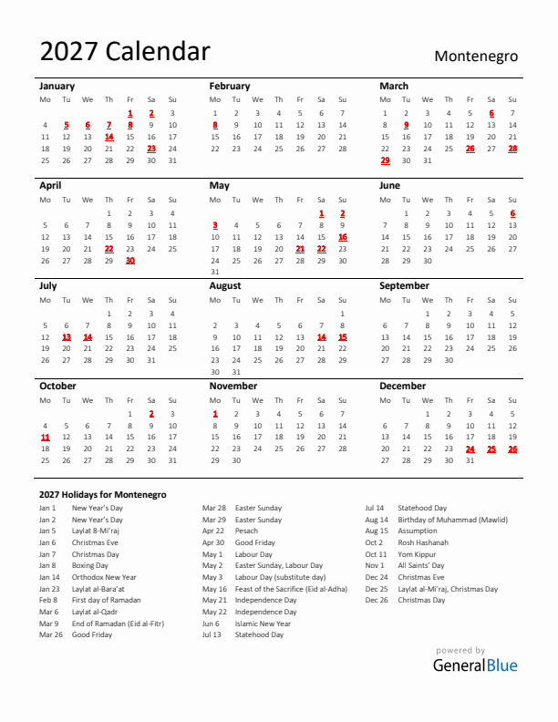 Standard Holiday Calendar for 2027 with Montenegro Holidays 