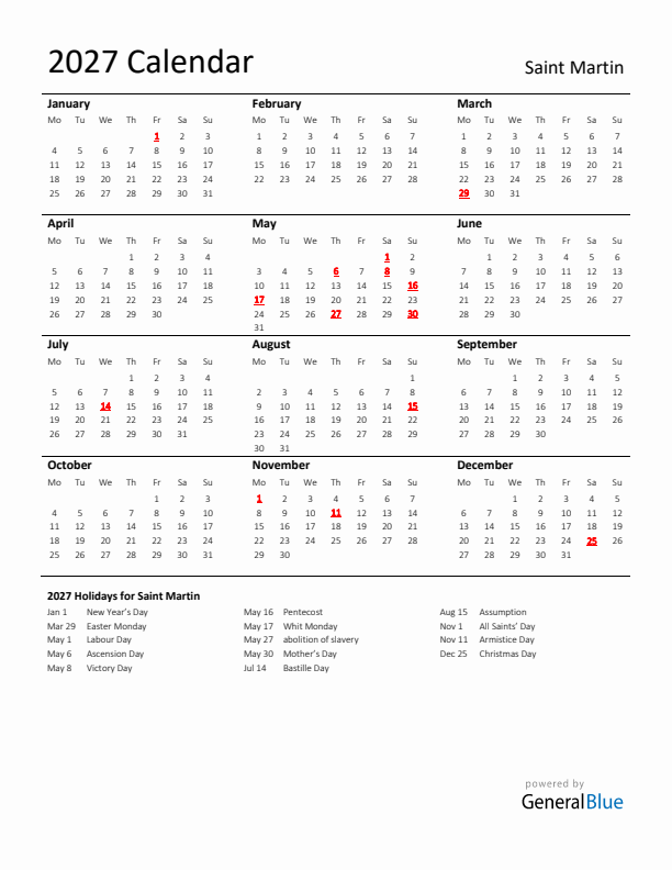 Standard Holiday Calendar for 2027 with Saint Martin Holidays 